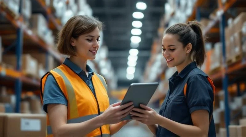 Ausbilderin im Heilbronner Lager erklärt Auszubildender Warenwirtschaftssystem am Tablet