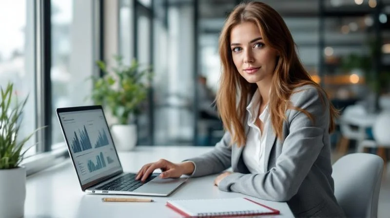 Frau am Laptop in einem modernen Büro in Heilbronn mit Blick auf die Stadt