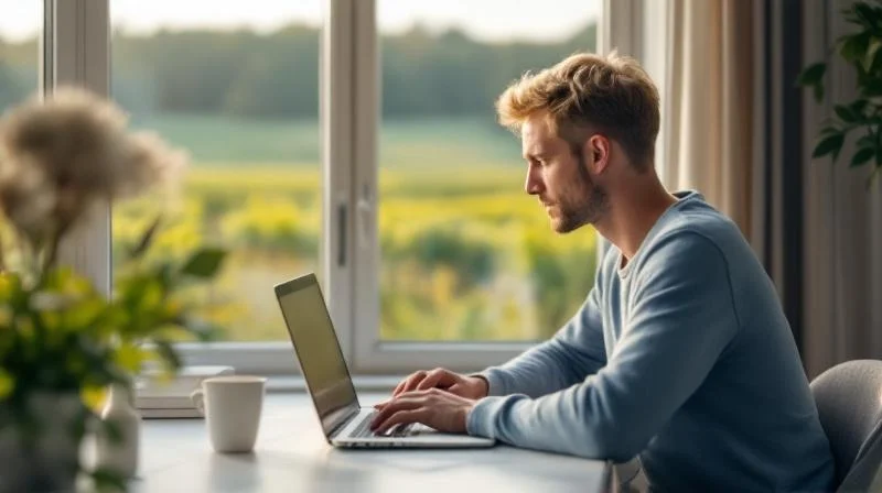 Quereinsteiger lernt am Laptop in einer Heilbronner Wohnung mit Blick auf die Weinberge